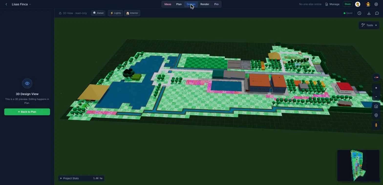 The same finca layout rendered as an interactive 3D model in the Fincabout design view