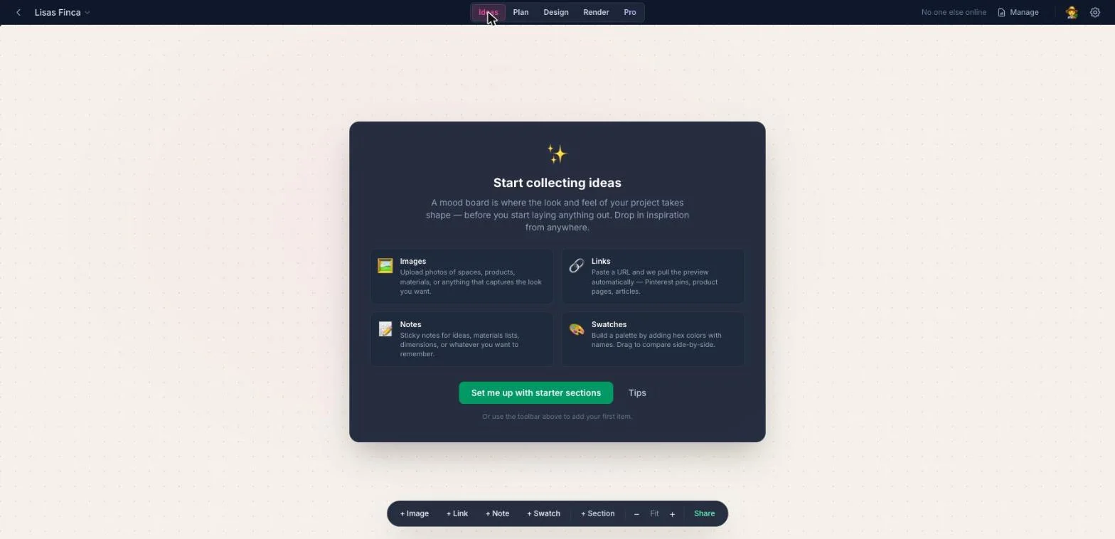 The Fincabout mood board, showing the image, link, note, and swatch tools