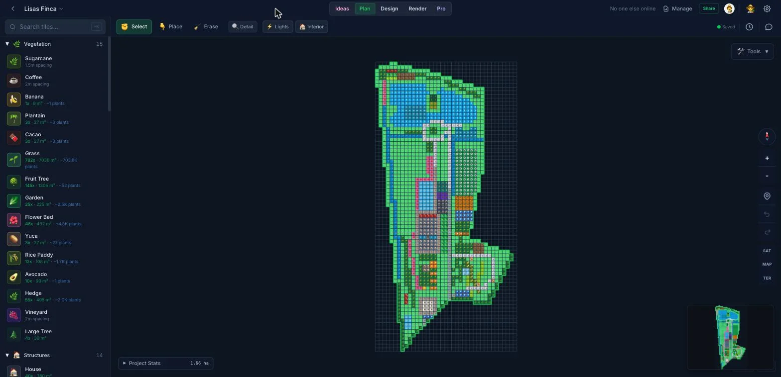 The Fincabout tile editor with the tile library open and a 4-acre finca laid out on the grid