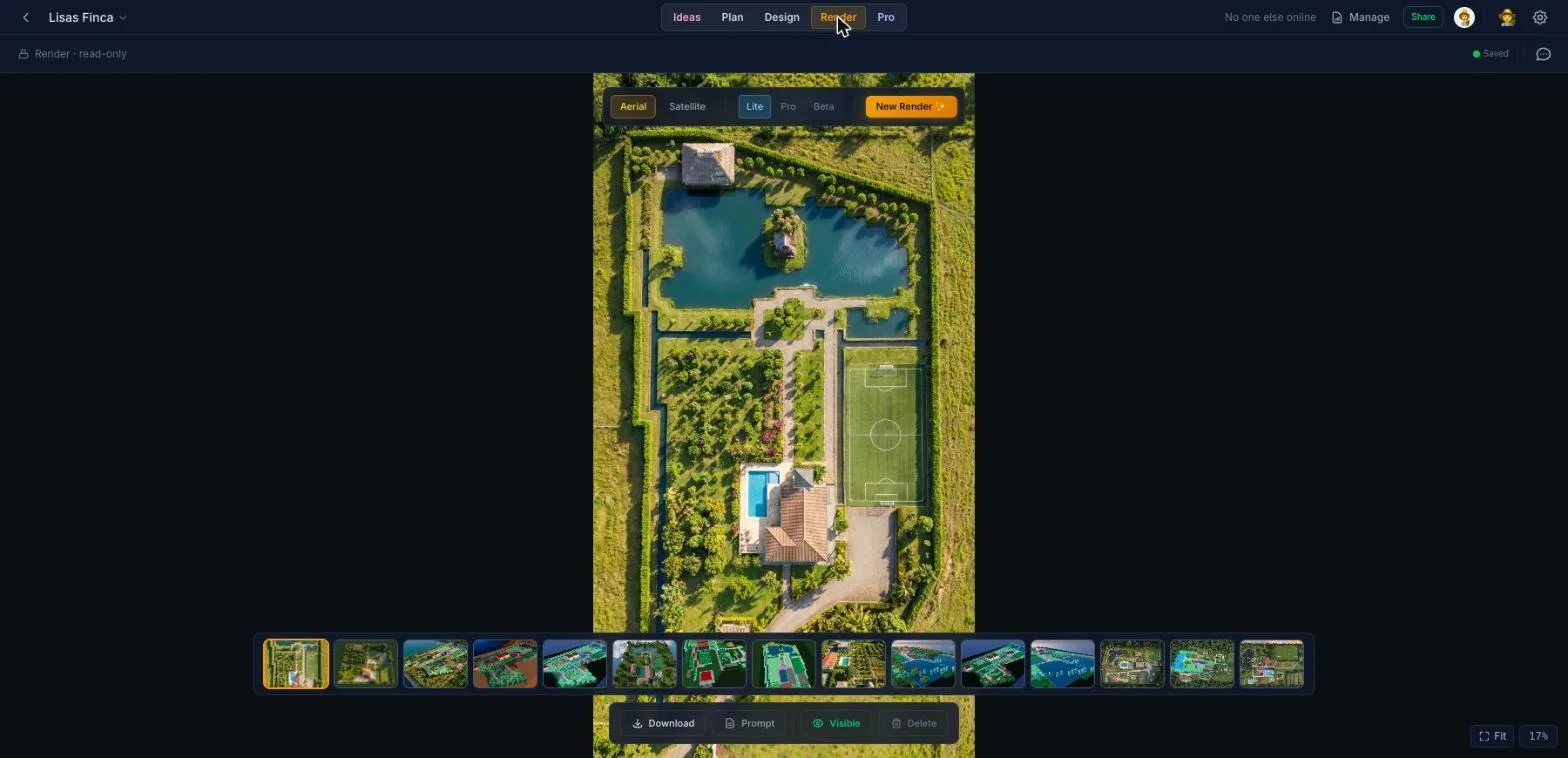 A photorealistic AI aerial render of the finca, with previously generated renders in a filmstrip below